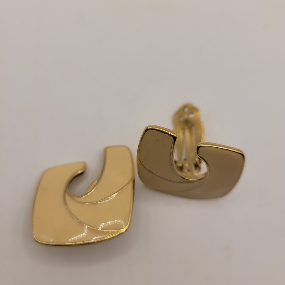 Gold Tone Cream Enamel Vintage Earrings